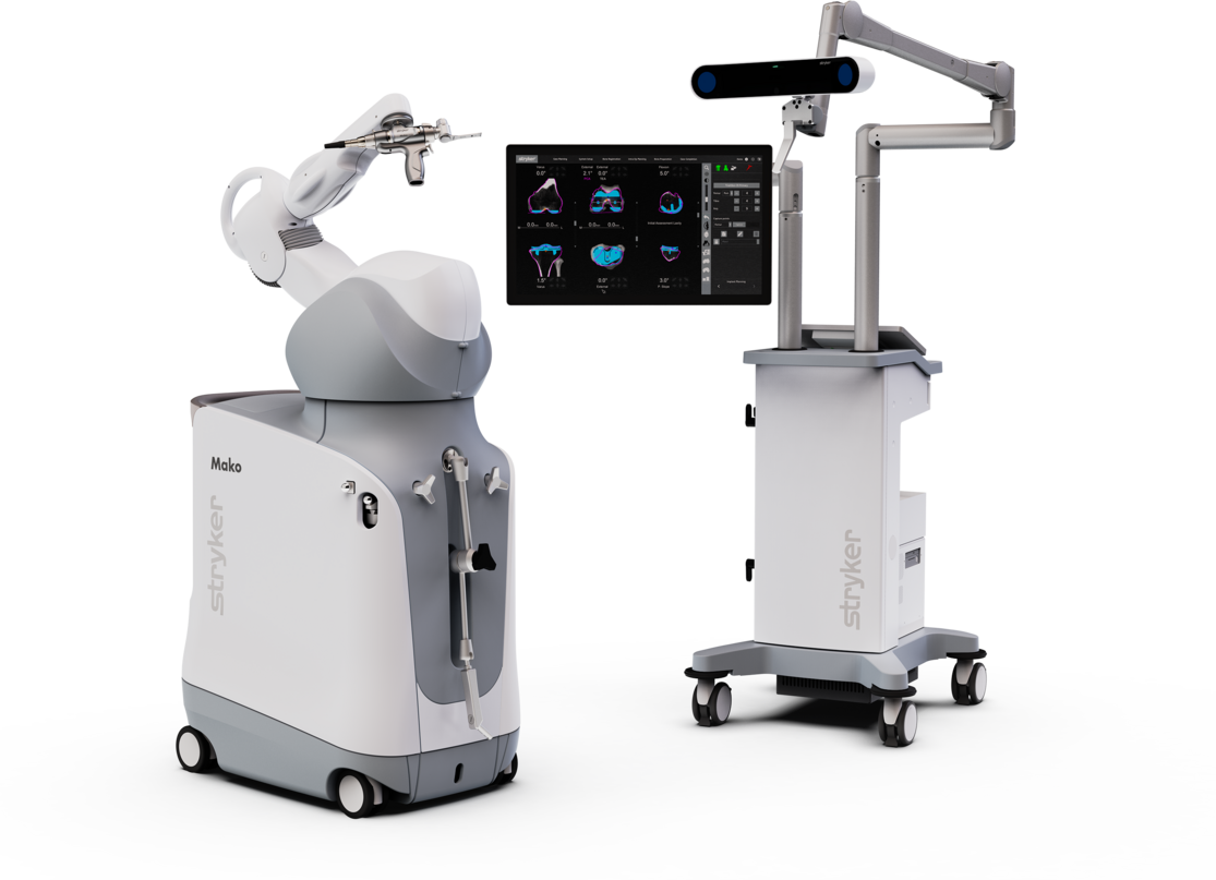 The Stryker Mako robotic-arm system for joint replacement, with its planning screen and camera